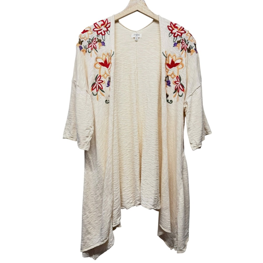 Umgee Women Embroidered Floral Kimono Cardigan Size M/L Open Boho Festival Cream
